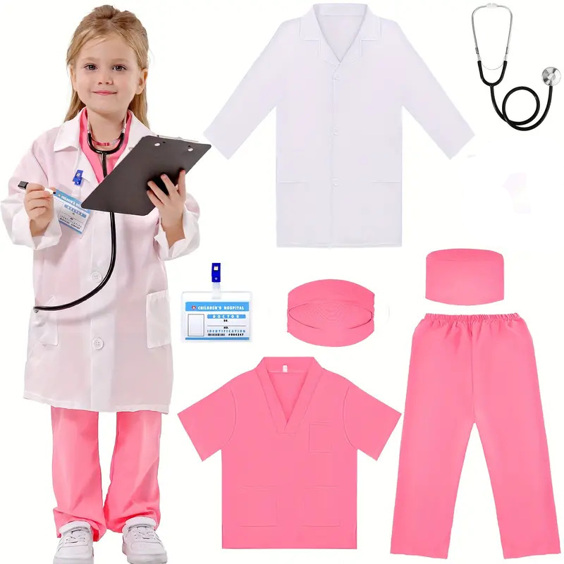 Lab Coat Medical - 7PCS เด็กหมอพยาบาลคอสเพลย์ชุดเด็กผู้หญิงสีขาว Lab Coat เครื่องแบบพร้อมอุปกรณ์เสริม Medical