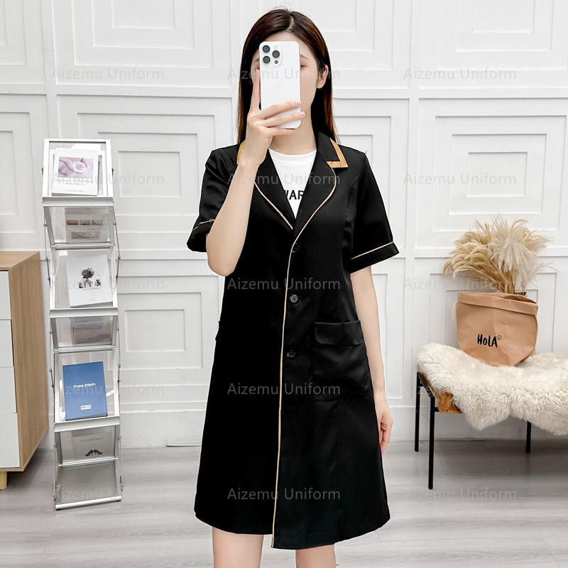 ความงามสีดําชุดBeautycian Robe - Lab Coat Medical บทวิจารณ์และราคา